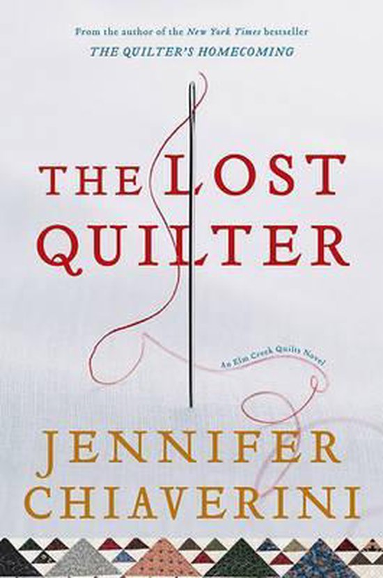 Couverture du livre 'The Lost Quilter', une aiguille avec du fil rouge et une bordure patchwork.