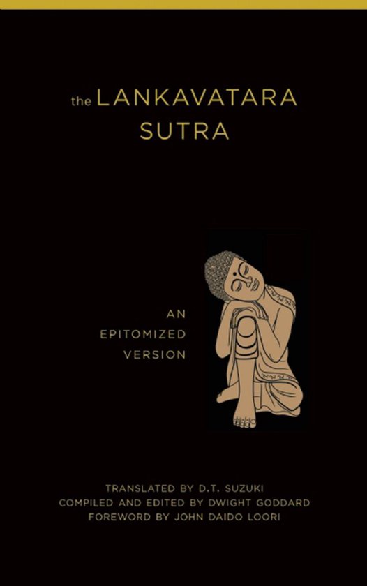 Boekomslag van 'The Lankavatara Sutra', een geëpitomiseerde versie, vertaald door D.T. Suzuki. Een lijntekening van een Boeddha zit aan de rechterkant.
