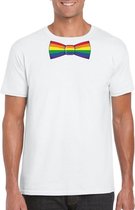 Wit t-shirt met regenboog vlag strikje heren S