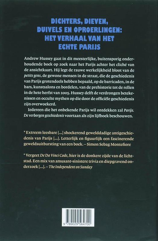 Boekomslag met titel 'Dichters, dieven, duivels en oproerlingen: het verhaal van de echte Parijs'. Tekst en ISBN.