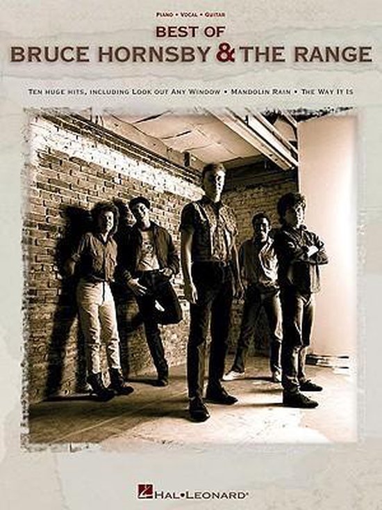 Albumhoes "Best of Bruce Hornsby & the Range" met de band staand voor een bakstenen muur.