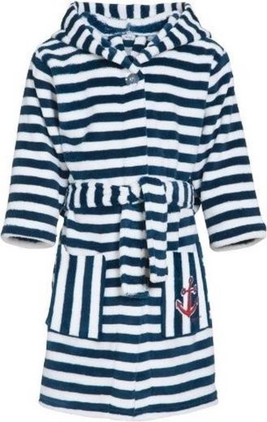Blauwe/witte badjas/ochtendjas met strepen print voor kinderen - Playshoes kinder fleecebadjas 110/116 (5-6 jr)