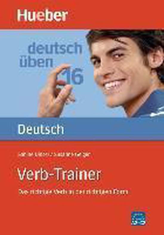 Livre 'Deutsch üben' avec un jeune homme souriant sur la couverture. Le texte 'Deutsch üben A1-A2' et 'Verb-Trainer' est visible.