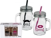 Glazen beker set met rietjes HIS and HERS