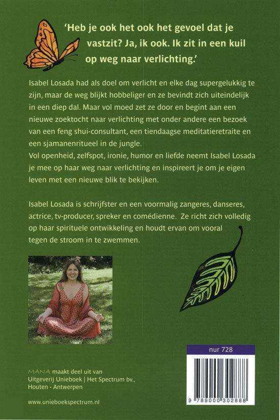 Achterkant van een boek. Boven een vlinder en een citaat. In het midden tekst over de auteur Isabel Losada. Onderin een foto van de auteur zittend met een rood gewaad, en een blaadje. Rechtsonder een barcode.