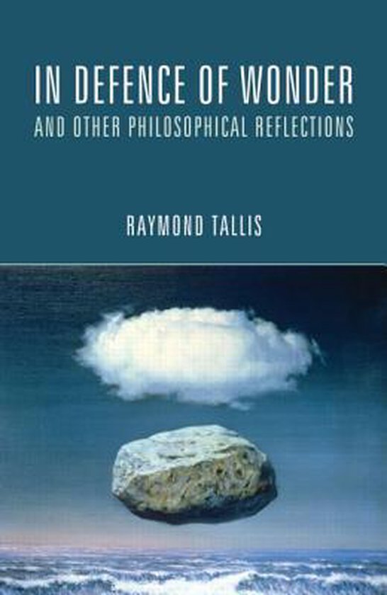 Boek "In Defence of Wonder and Other Philosophical Reflections" met een zwevende steen onder een wolk boven zee.