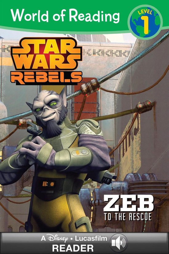 Star Wars Rebels: Zeb to the Rescue. Groene alien Zeb in militair tenue, met Star Wars Rebels logo en level 1.