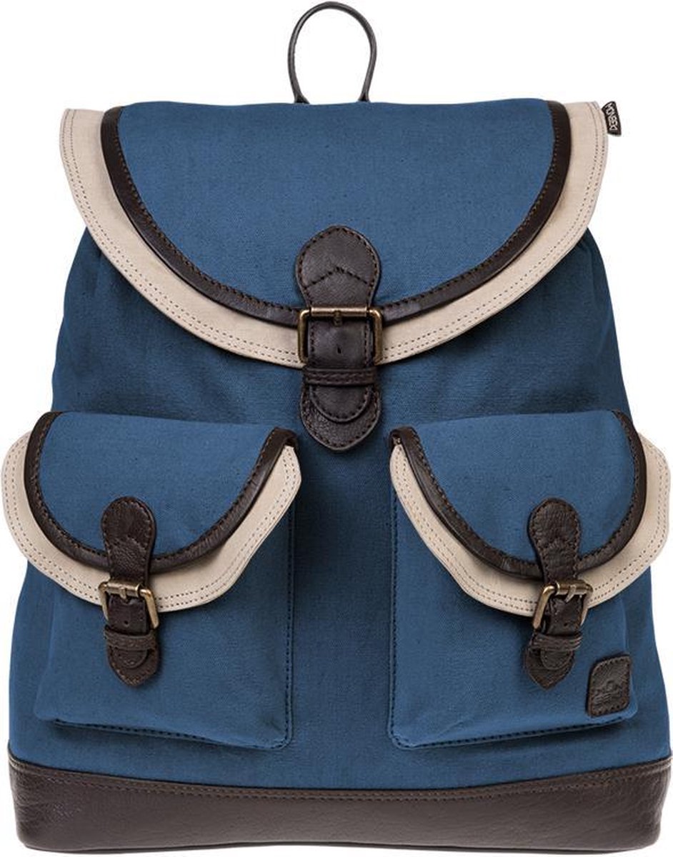 Monbeki Blauwe Canvas Rugzak met Beige Kleppen
