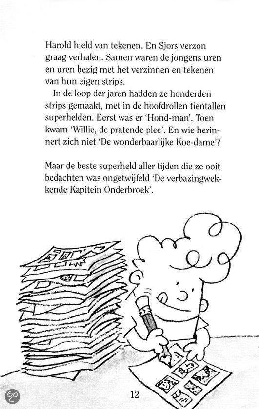 Een jongen met krullend haar tekent een strip met Kapitein Onderbroek, naast een stapel kranten.