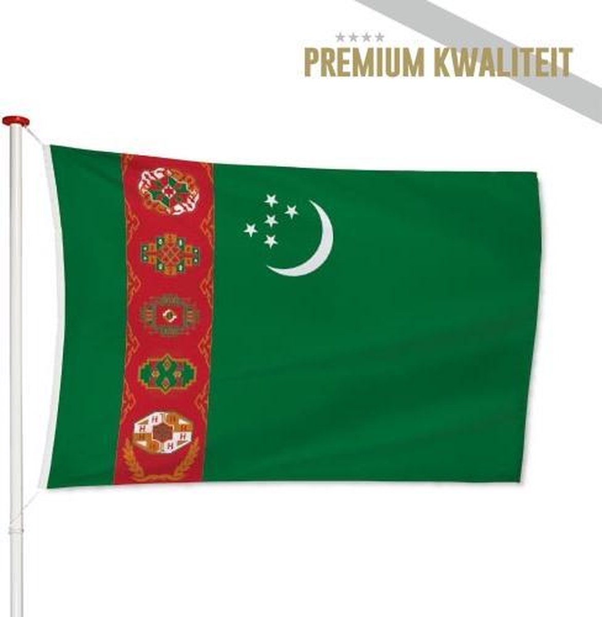 Turkmeense Vlag Turkmenistan 150x225cm - Kwaliteitsvlag - Geschikt voor buiten