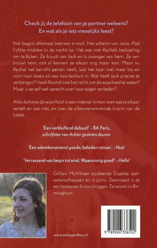 De achterkant van een boek met de titel 'Alles behalve de waarheid' en een foto van een vrouw.