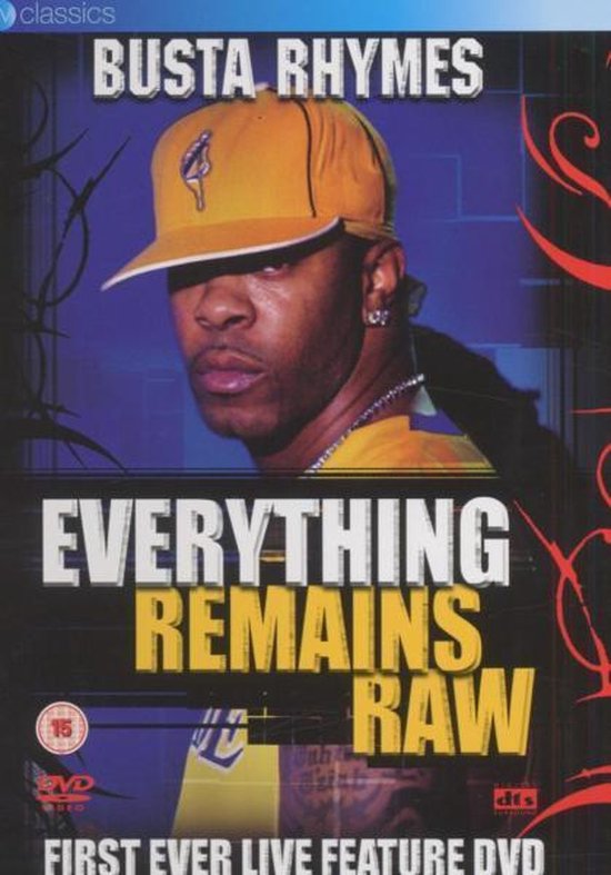 Busta Rhymes met gele pet en geel shirt, draagt oorbellen en kettingen. DVD cover.