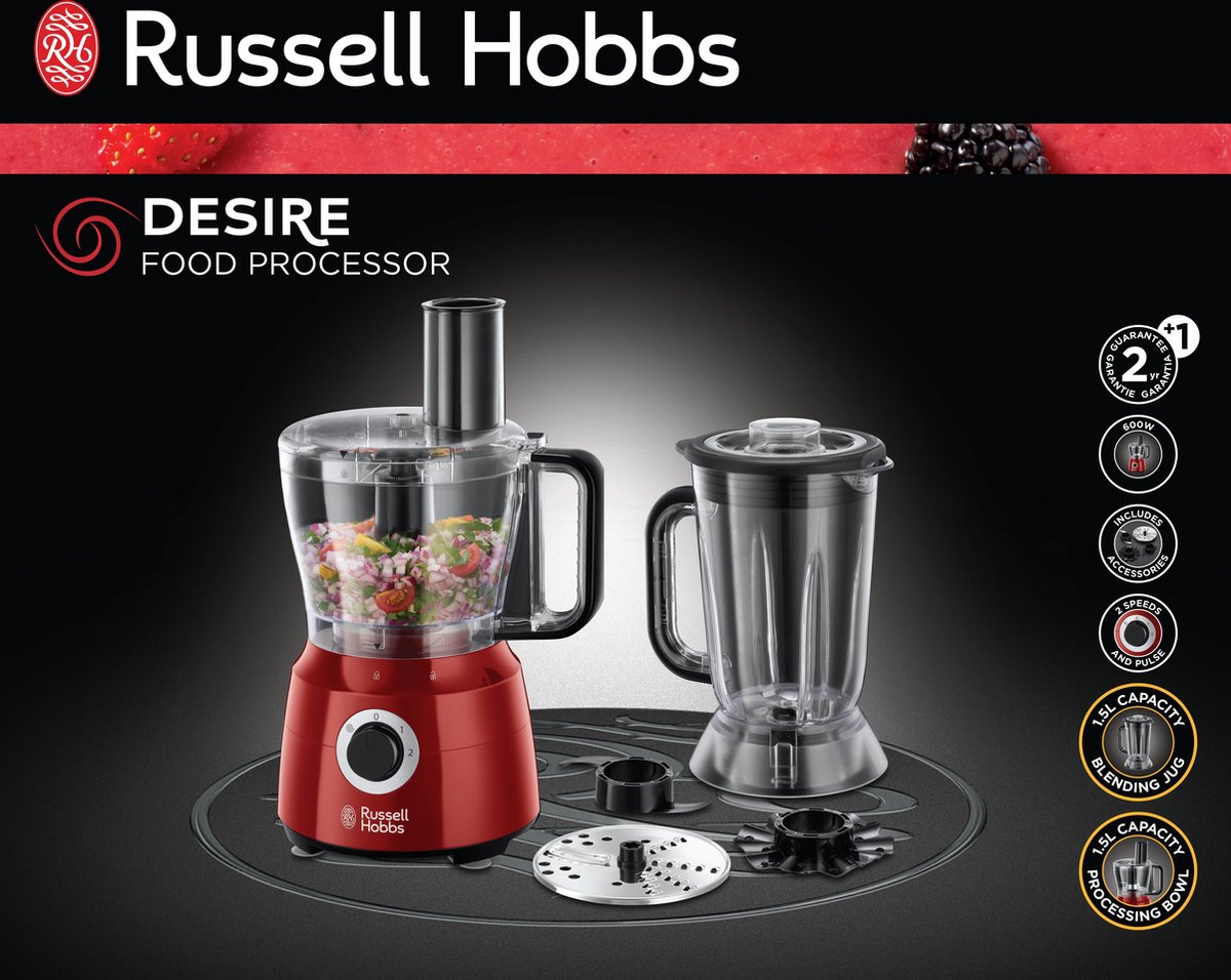 Russell Hobbs Mixeur [Fonction Pulse] Desire rouge (Bol en verre 1,5 L,  650W, 2 Vitesses, 6 Lames en acier inox amovible,Blender sans BPA pour  smoothie & autres boissons,Pieds anti-dérapants) 24720-56 : 