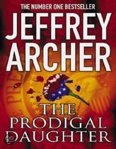 Boekomslag: Jeffrey Archer - The Prodigal Daughter. Rode achtergrond met een bloem in blauw, rood en wit.