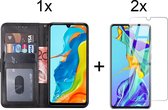 Huawei p30 lite hoesje en Huawei p30 lite new edition hoesje bookcase zwart wallet hoes hoesjes portemonnee book case - 2x Huawei P30 Lite Screenprotector