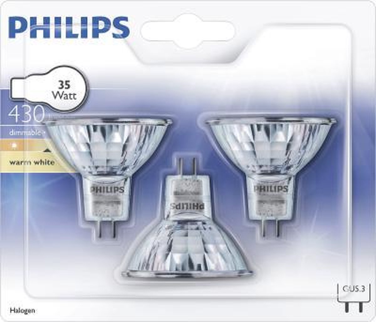 stopcontact Mens zacht Philips Spotjes 35Watt 12Volt GU5.3 50mm Dimbare Halogeen Reflector Lampen  3 Stuks | bol.com
