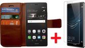 Hoesje geschikt voor Huawei P9 Book Case Portemonnee + Screenprotector - Cover voor 3 Pasjes Bruin