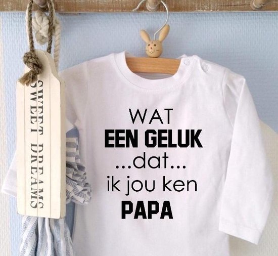 Shirtje Wat een geluk dat ik jou ken papa | Lange of korte mouw | wit | maat 56-110 cadeau vaderdag jarig verjaardag liefste beste leukste Cadeau eerste vaderdag Babyshirt Kindershirt shirt tekst baby kind cadeautje liefste lief papa beste held super