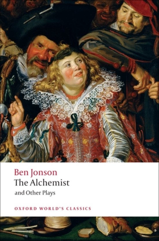 Boekomslag van 'The Alchemist and Other Plays' van Ben Jonson. Centraal een schilderij van een vrouw in een rode jurk met kanten kraag.
