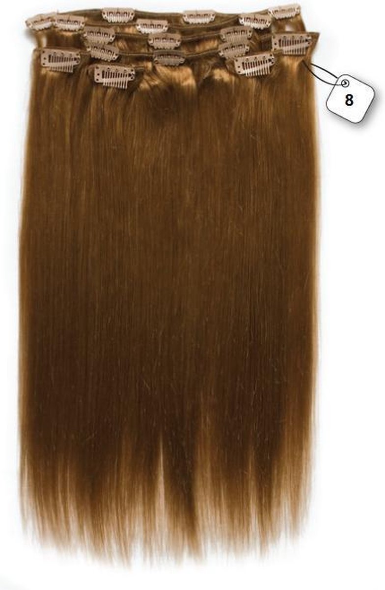 Clip in Extensions, 100% Human Hair Straight, 22 inch, kleur #8 Cinnamon