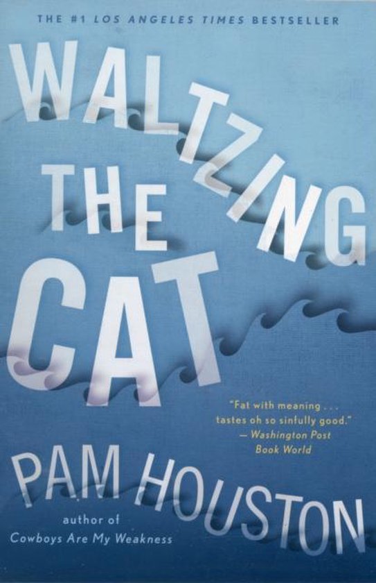 Boekomslag 'Waltzing the Cat' van Pam Houston, met witte tekst op een blauwe achtergrond met golven.