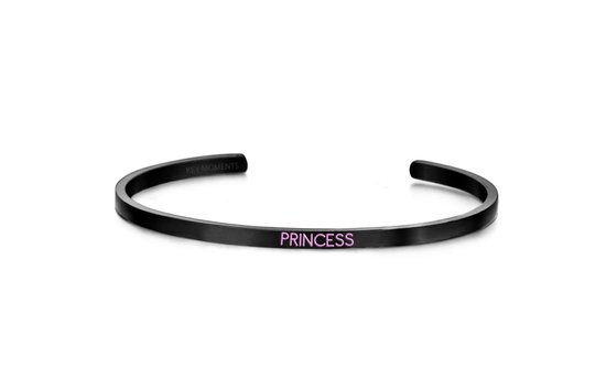 Cadeau voor haar Key Moments 8KM SET003 Stalen Open Bangles met Tekst - Love You to The Moon and Back en Princess - Maat S en M - Cadeau voor haar - Zwart