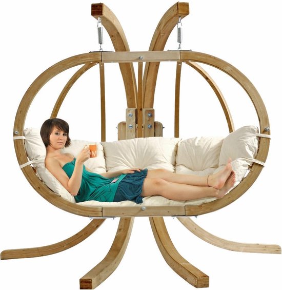Amazonas Globo Chair Royal 2 persoons - Naturel gekleurde kussens + Luxe Houten Standaard