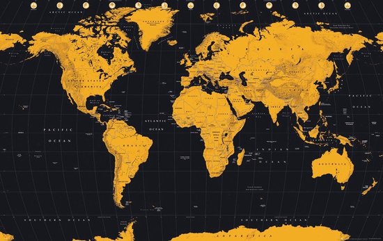 Wereldkaart poster - zwart met goudkleur - 61 x 91.5 cm