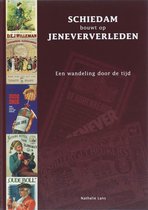 Boek 'Schiedam bouwt op jeneververleden' met op de kaft collages van oude jenever-advertenties en textuur.
