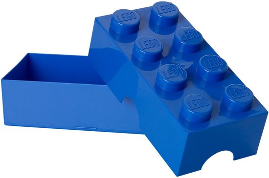 Een open blauwe LEGO opbergdoos, met deksel in de vorm van een steen met 8 noppen.