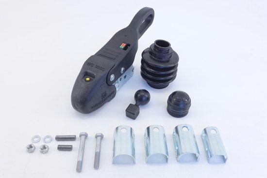 Winterhoff WS3000 stabilisatiekoppeling met bijbehorende onderdelen: rubberbalg, kogel, bouten, moeren en beugels.