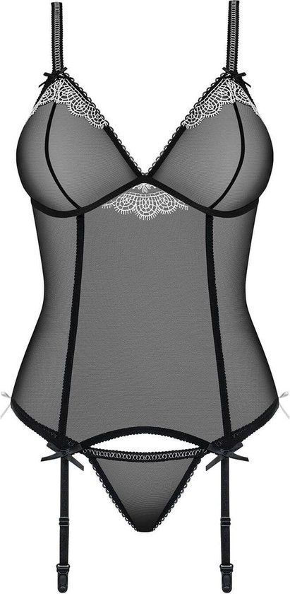 Obsessive - Ensemble corset transparent sexy avec string assorti et petits nœuds - Taille SM - Noir