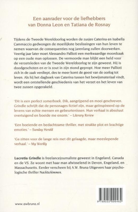 Boekomslag met tekst over een thriller van Lucretia Grindle, 'Villa Triste'.