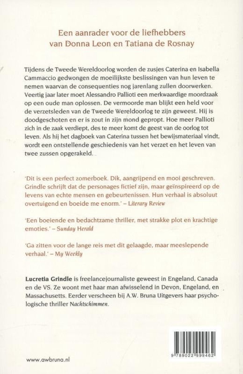 Boekomslag met tekst over een thriller van Lucretia Grindle, 'Villa Triste'.