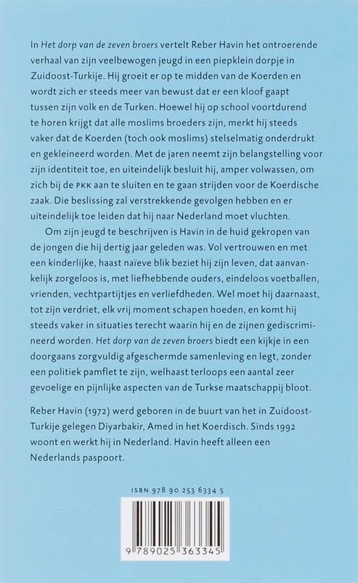 Boek met de titel Het dorp van de zeven broers, met een ISBN-nummer en barcode.