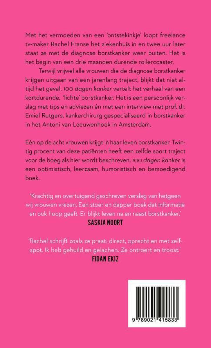 Achterkant van een boek over borstkanker, met tekst en een barcode.