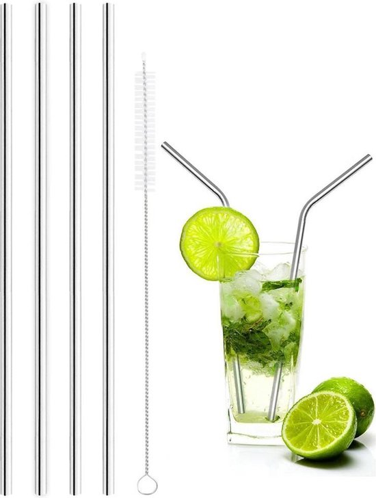 KELERINO. RVS/Stalen Drink Rietjes 4 rietjes en 1 schoonmaakborstel Recht bol