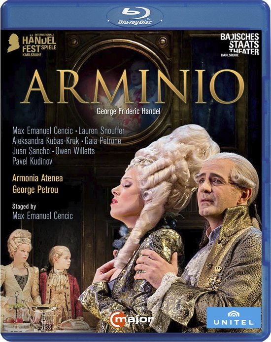 Blu-ray disc van 'Arminio', met twee operazangers in kostuums uit de 18e eeuw en de titel in goud.