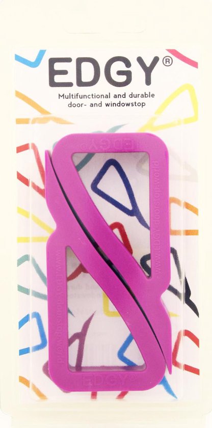 Paarse deurstopper met gedraaid ontwerp, verpakt in doorzichtige plastic met kleurrijke lijnen.