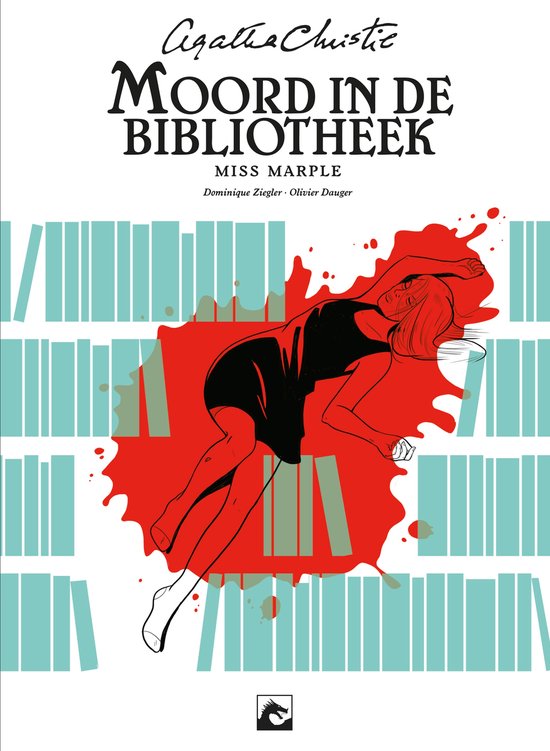 Boekomslag Moord in de bibliotheek, Miss Marple. Vrouw liggend in een rode plas bloed, boekenplanken op achtergrond.