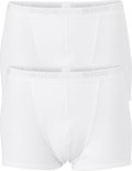 Twee witte Sloggi boxershorts met grijze logoband, detail van de voorkant.