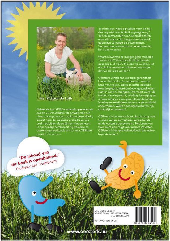Achterpagina van een boek met een man en een lam op een grasveld, en een cartoon hart.