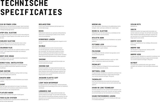 Pagina met technische specificaties, met tekst en illustraties van fietskleding en maten.