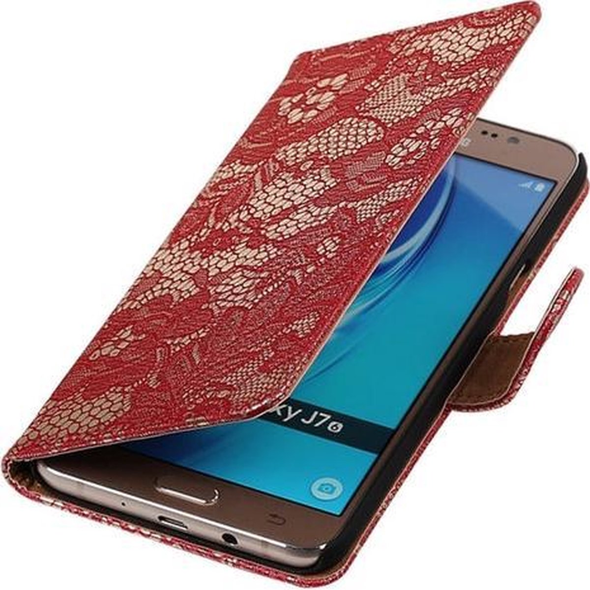 Rood Lace booktype cover hoesje voor Samsung Galaxy J7 2016