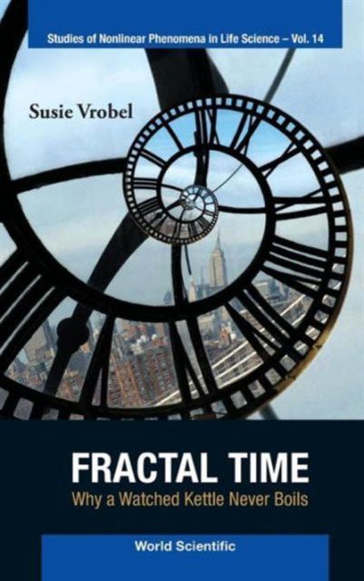 Couverture du livre 'Fractal Time' avec une horloge en spirale et une vue sur la ville. Titre : Fractal Time. Auteur : Susie Vrobel.