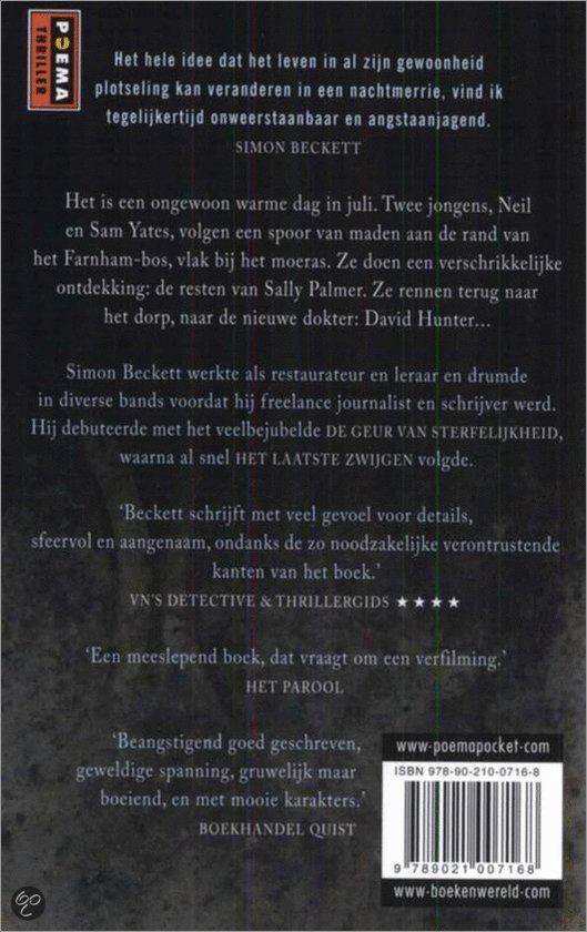 Achterkant van het boek 'De geur van sterfelijkheid' met een korte beschrijving en recensies.