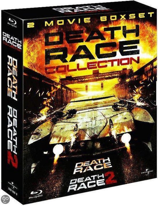 Death Race Collection 2 Movie Boxset Blu-Ray met bepantserde auto op de voorgrond.