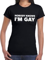 Gay pride nobody knows i am gay t-shirt zwart voor dames XL