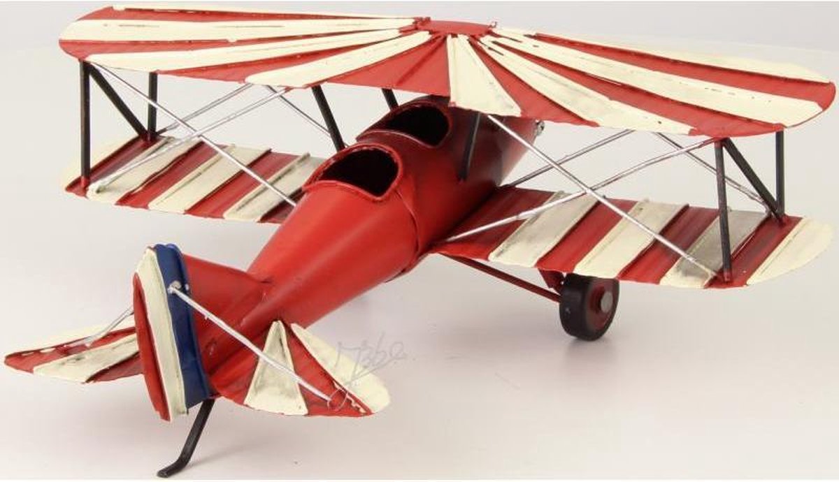 MadDeco - Dubbeldekker blikken vliegtuig WWI rood wit van blik