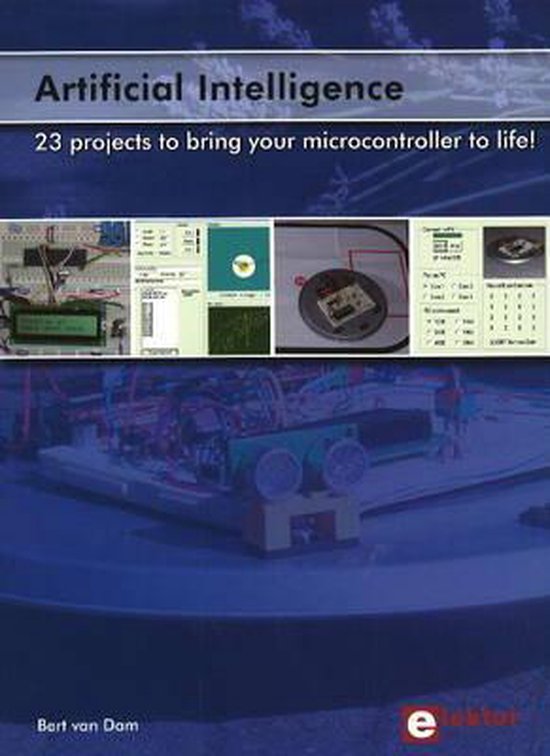 Boek "Artificial Intelligence" met "23 projects to bring your microcontroller to life!" Grote afbeelding van een robot. Bovenrand met titel, daaronder kleinere afbeeldingen van projecten.